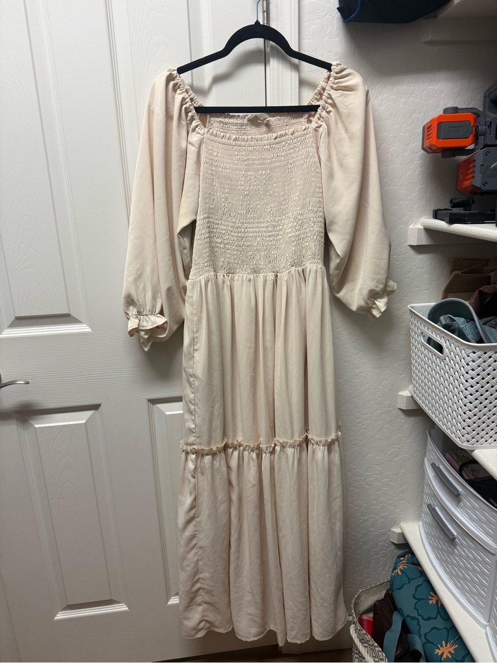 Large Cream Smocked Midi Dress with Puff Sleeves